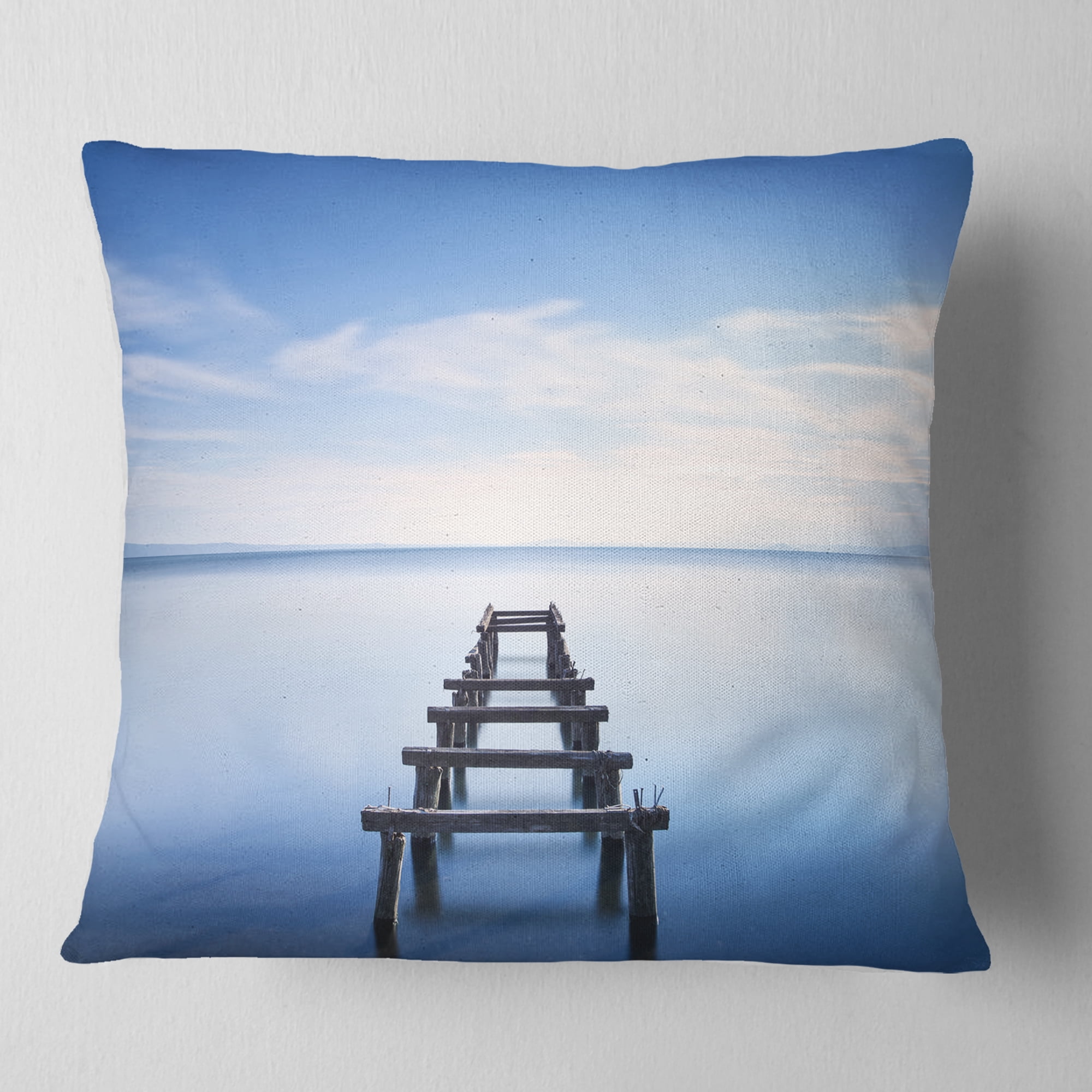 Designart Jetty Remains in Blue Lake - Seascape Throw Pillow - 16x16