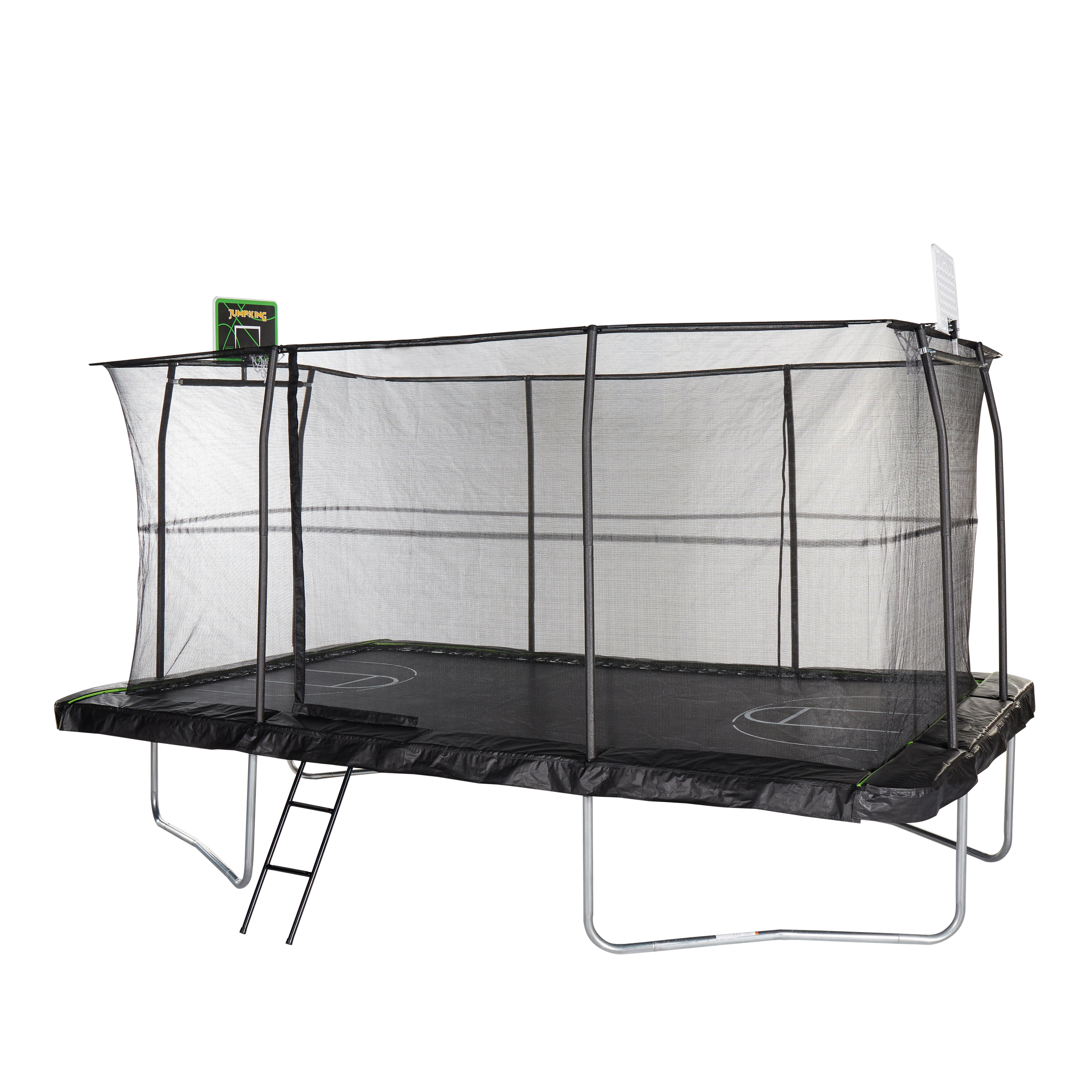 JumpKing 10'x15' Rectangle Trampoline with 2 Powder Coated Basketball Hoops & Breakaway Rim and Ladder- Large Recreational Trampoline for Kids and Adults with Enclosure Net