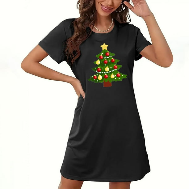 Camisón corto navideño para mujer, talla grande, cuello redondo, manga corta, estampado en el pecho, vestido de noche para mujer