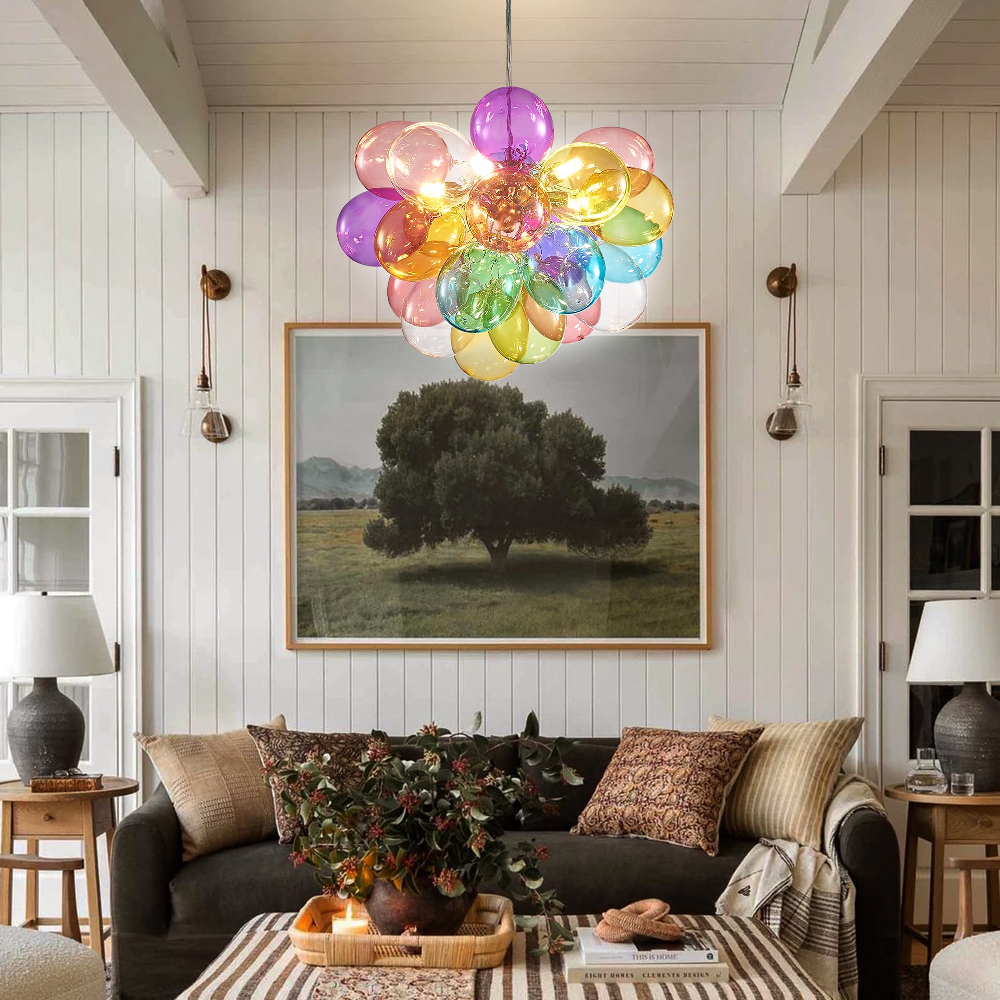 Longree Color Glass Bubble Ball Chandelier, Blown Glass Pendant Light Fixture - 18x16 inch