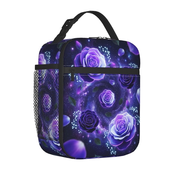 Purple Floral Insulated Lunch Bag Lightweight Cooler Box Reusable Meal Organizer Office Commute Portable Handheld Travel Bag Daily Use Floral Pattern