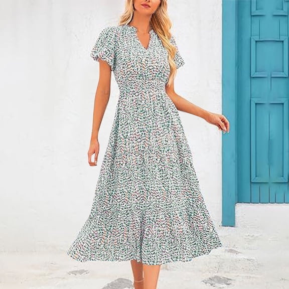 Vmvidoty Women's Floral Maxi Dress 2026 Spring Short Sleeve V Neck A Line Long Flowy Spring Party Boho Dresses White M