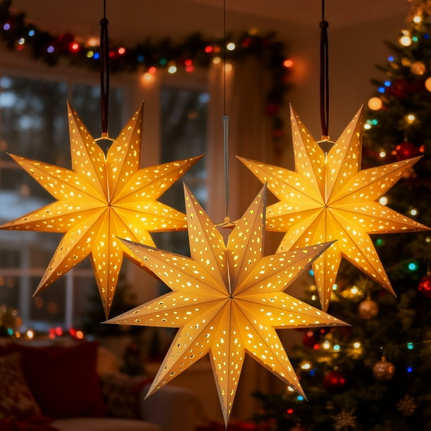 GOOHOCHY 3 pantallas colgantes de papel con forma de estrella navideña, cubiertas para lámparas y decoraciones.