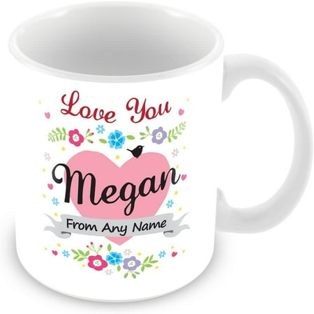 

Personalised Mug with Name Megan - Love Heart & Flowers Design Cup