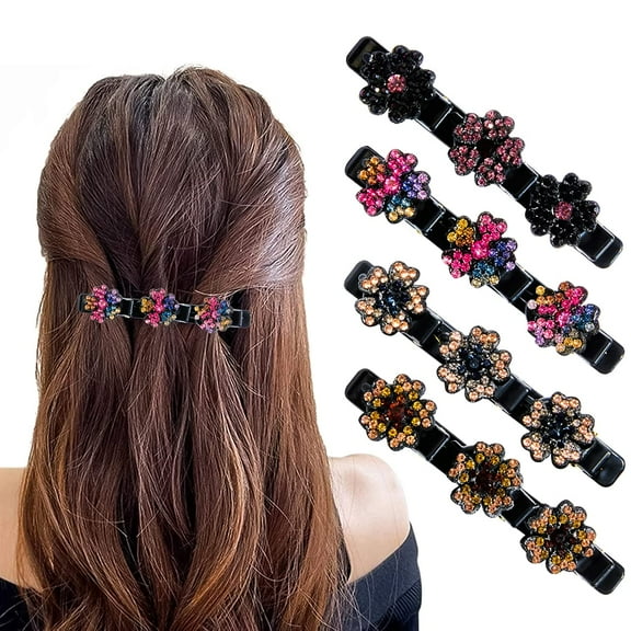 8PCS Sparkling Crystal Stone Braided Hair Clips, Plum Blossom Hairpin Rhinestones Duckbill Clip with 3 Small Clips Hair Clips Accessories for Women Girls