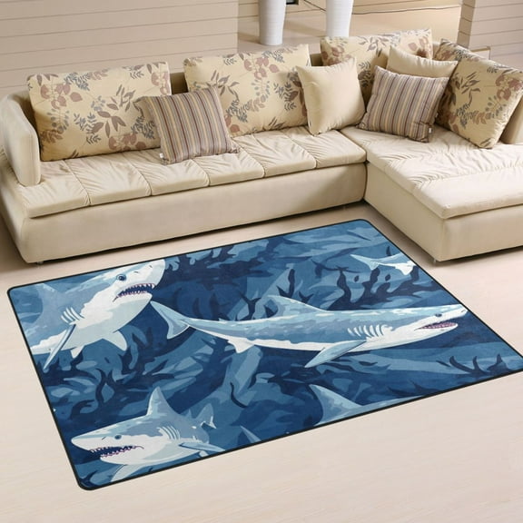 Sharks Blue Area Rug Washable Floor Carpet Mat 60 x 39 inch for Bedroom Living Room Kids Room Home Decor
