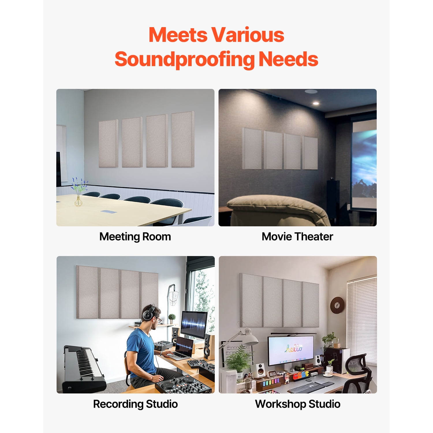 KFFKFF Set of 4 Acoustic Panels, 2-inch Thick, 23.6 x 11.8 inch Fiberglass Sound Absorbing Boards, Self-adhesive Soundproof Panels for Studios, Offices, Home Theaters, Meeting Rooms, Camel Color