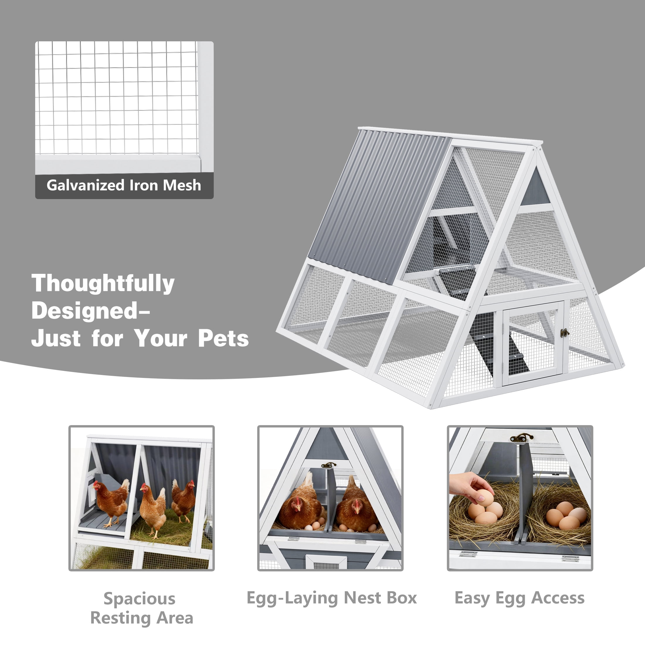 Large Weatherproof Triangular Chicken Coop with Nesting Box & Tray, Spacious Run, White and Gray