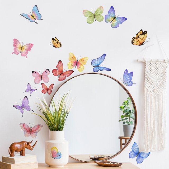 Pegatinas de pared de mariposas de acuarela fresca, calcomanías de fondo para sala de estar y dormitorio, habitación de niños