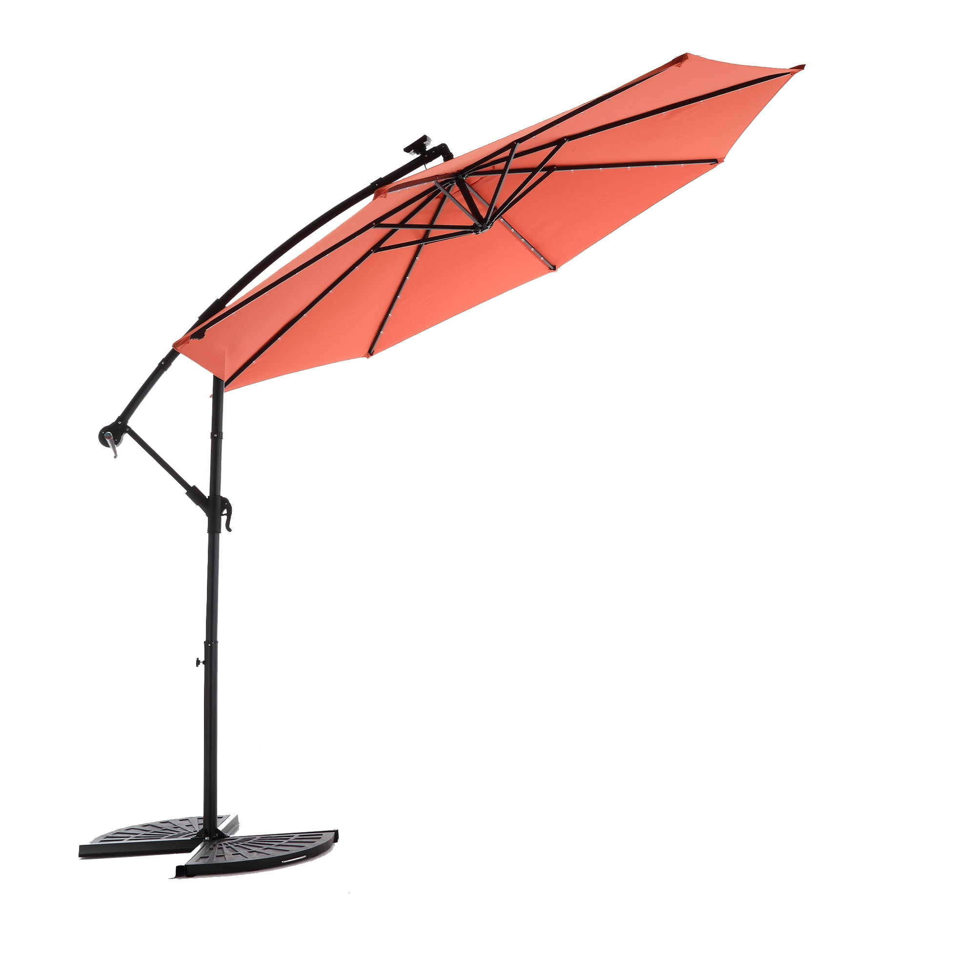 Leumius 10ft Solar LED Patio Umbrella, Offset Cantilever Outdoor Umbrella with 40 LED Lights, Infinite Tilt, 360 Degree Rotation, Crank Handle for Pool Deck Garden Backyard,Orange(No Base)