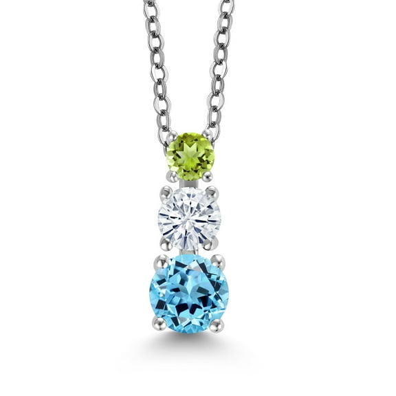 Gem Stone King Swiss Blue Topaz White Moissanite Green Peridot 3-Stone Pendant Necklace for Women (1.00 cttw, Gemstone Birthstone, Round 5MM, 4MM and 3MM, with 18 inch Chain)