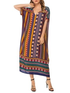 UKAP Womens Boho Print V-Neck Batwing Sleeve Long Dress Maxi Kimono Caftan Beach Kaftan Ethnic Casual Party Dress
