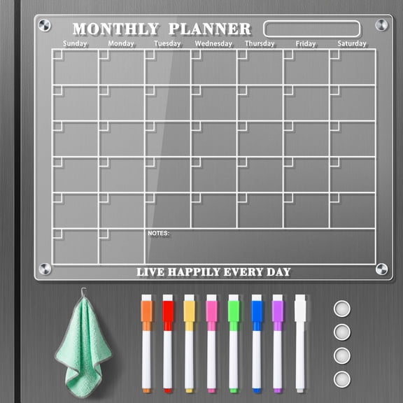 Acrylic Magnetic Dry Erase Board Calendar for Fridge, Clear Monthly Planner Whiteboard for Refrigerator, 8 Colors Markers, 15"x11"