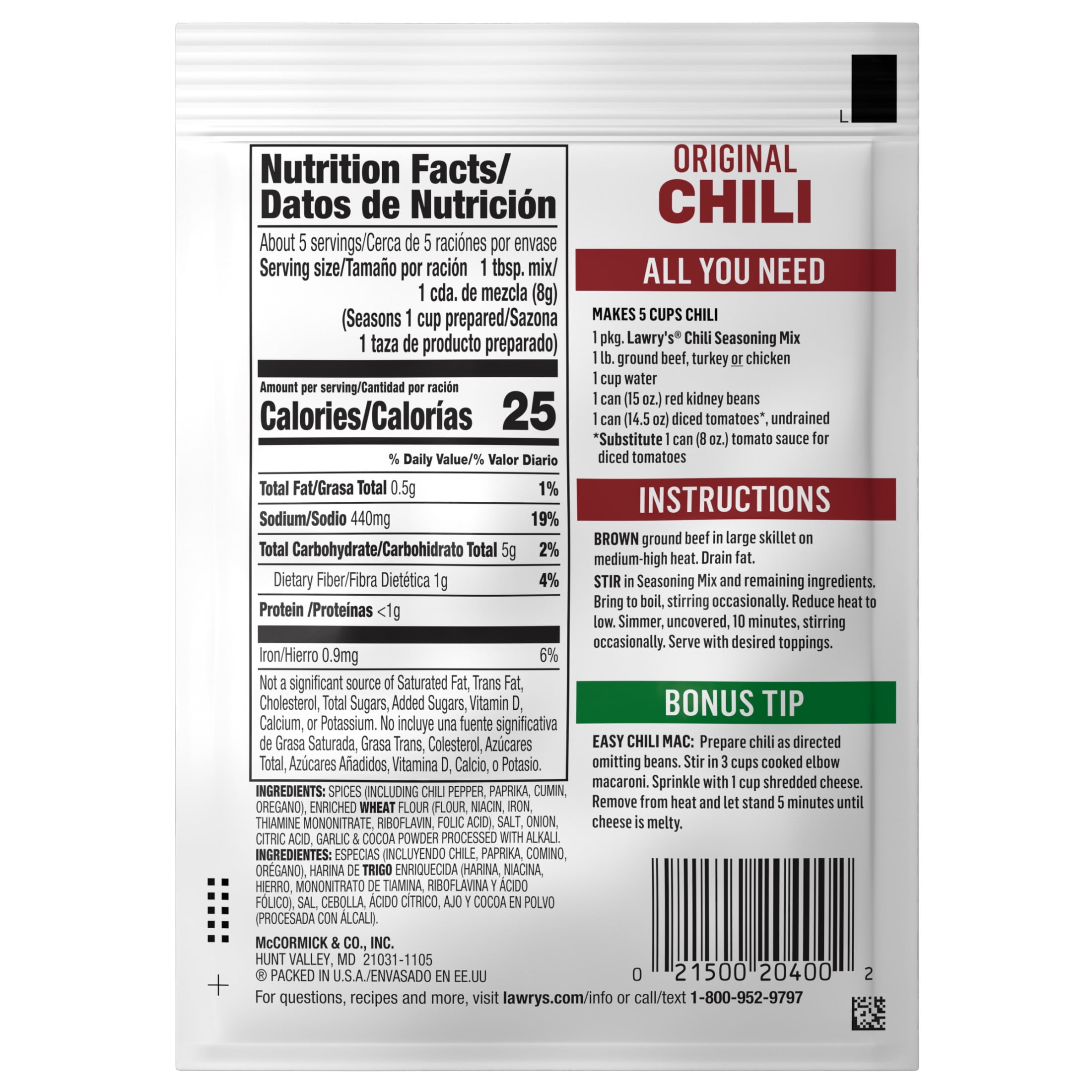 (2 pack) Lawry's Chili Spices & Seasonings Mix, 1.48 oz Packet