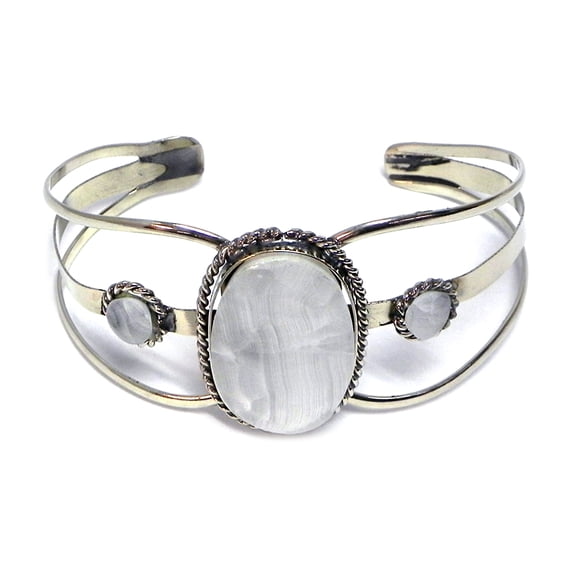 Large Oval Healing Gemstone Crystal Cabochon Silver Metal Cuff Bracelet - Womens Fashion Handmade Jewelry Boho Accessories