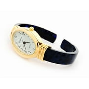 Dark Blue Tortoise Gold Acrylic Band Oval Face Womens Bangle Cuff Watch