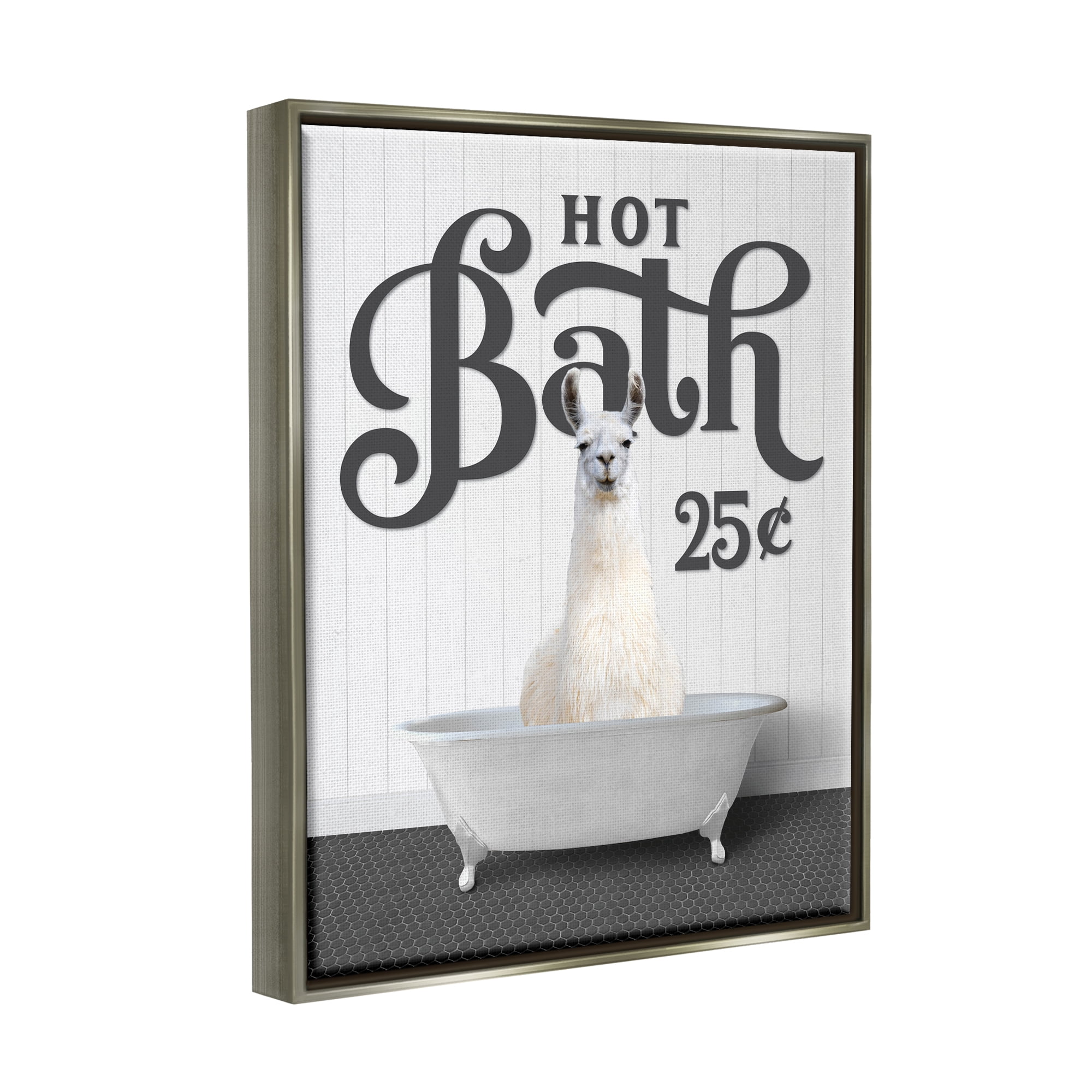 Stupell Industries Hot Bath Llama Sign Animals & Insects Painting Gray Floater Framed Art Print Wall Art, 17 x 21