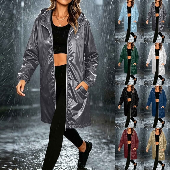 Hooded Jacket Women Plus Size Lightweight Waterproof Long Sleeve Solid Color Rain Jacket Hoodies for Outdoor Hiking Travel with Pockets
