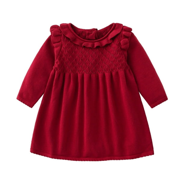 Odeerbi Niñas Ruffle Suéter Vestido Primavera Otoño Algodón Punto Vestidos Niños Color Sólido Dulce Vestido Manga Larga Flor Cuello Vestido