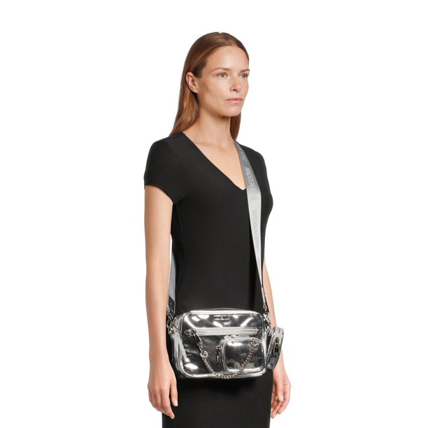 Madden NYC Women's Camera Crossbody Bag with Pouch, Silver