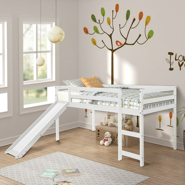 Loft Bed with Slide, Kids Twin Size Loft Bed Low Wood Loft Bed with