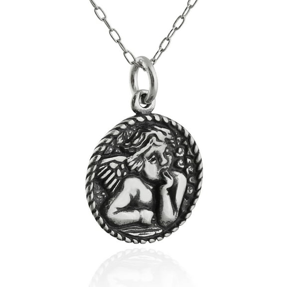 Sterling Silver Round Cherub Angel Charm Necklace, 18"
