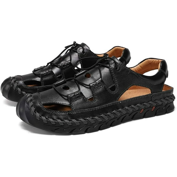 Men's Summer Closed-Toe Sandals Breathable Rubber Casual Hollow Slip-On Slippers Beach Lightweight Flat Water Shoes Black 11 US