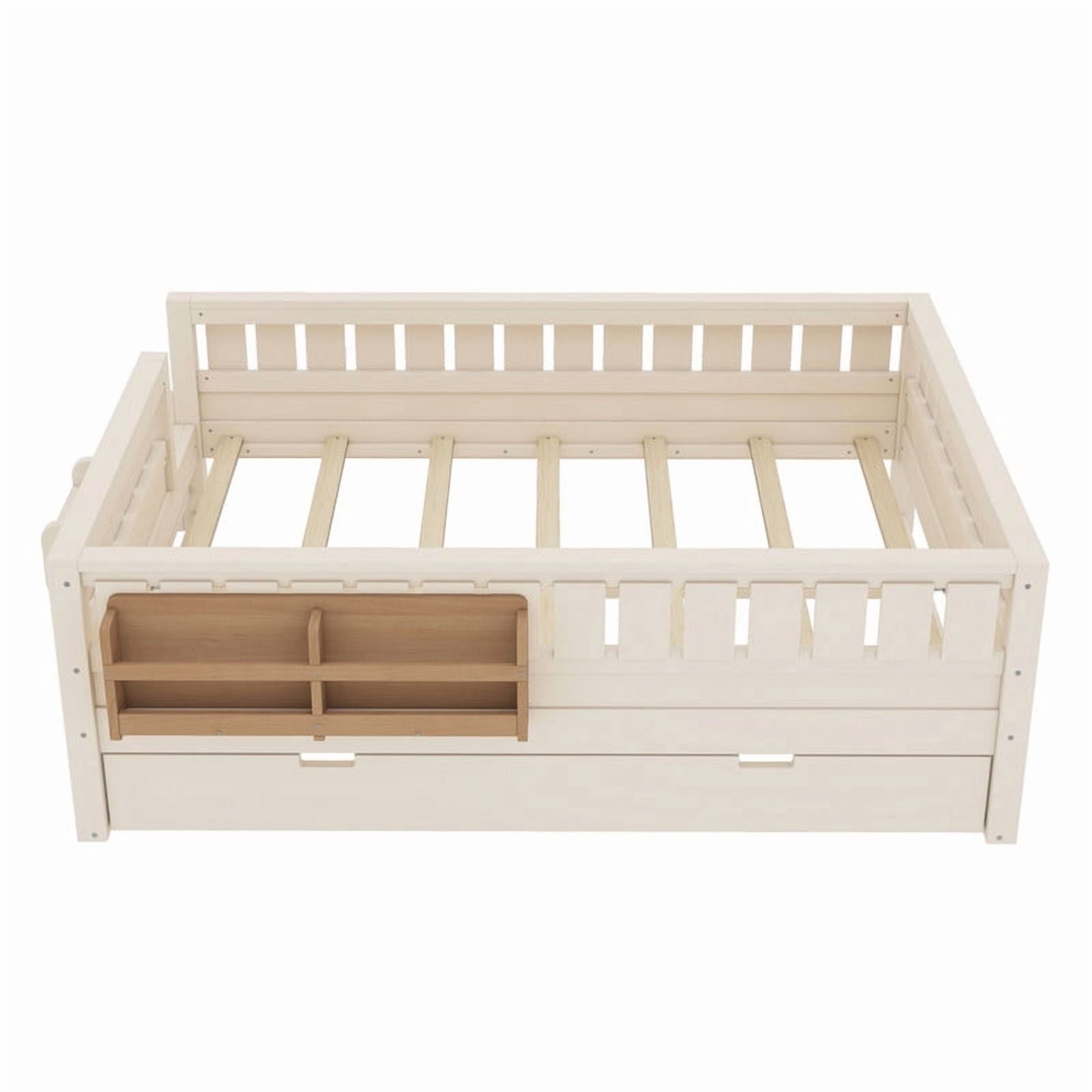 Full Size Low-Profile Kid's Platform Bed with Built-in Bookshelves & Small Staircase, Wooden Bed Frame with Safety Rails & Trundle