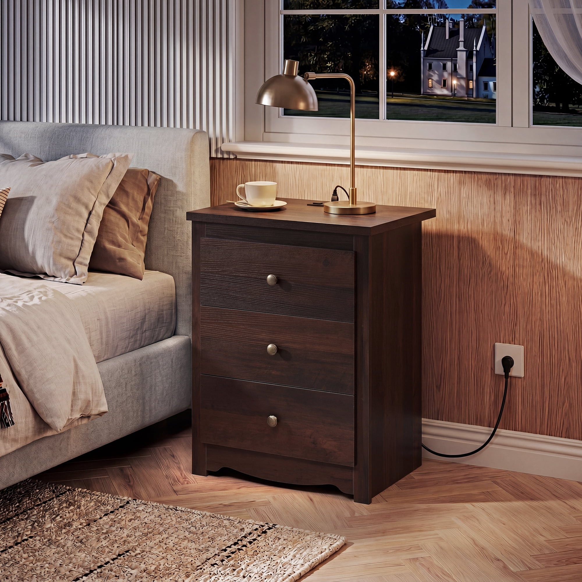 GALAXHERO Tall Espresso Nightstand with Charging Station and 3 Drawers, Wood Bedside End Table with 2 USB Ports & 2 AC Outlets for Bedroom Living Room Dorm