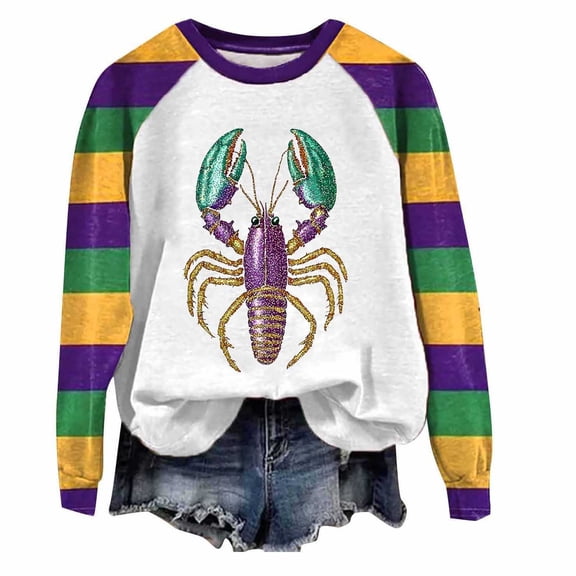 Xuyuer Mardi Gras Shirts for Women Carnival Fat Tuesday Shirt New Orleans Party Mardi Gras Outfit Gifts Tee Top Fashion Mardi Gras Outfits Long Sleeve Shirts Pullover Tops Daily Crewneck Blouse