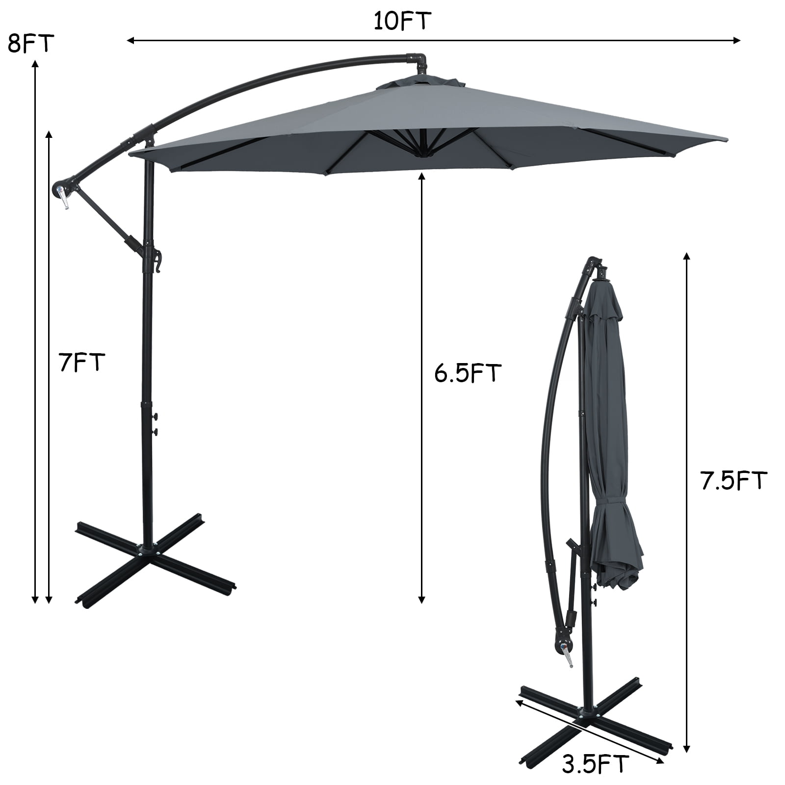 Patiojoy 10FT Patio Offset Umbrella 8 Ribs Cantilever Umbrella w/Crank for Poolside Yard Lawn Garden Gray