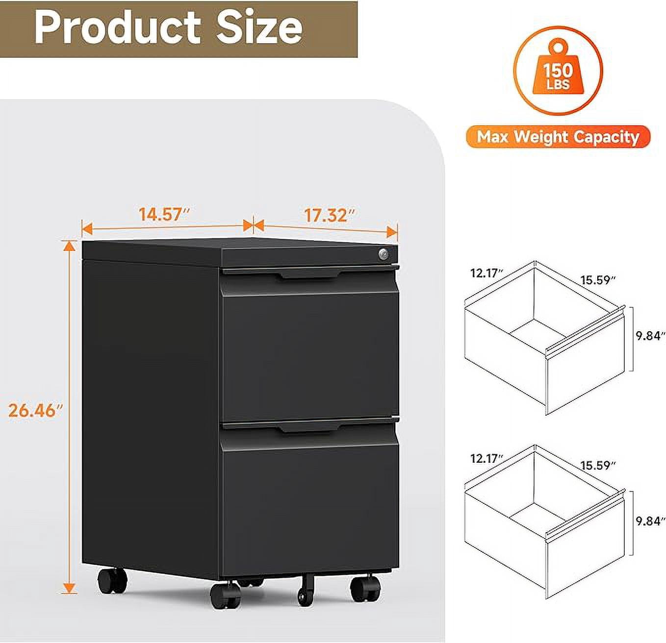 2 Drawer File Cabinet with Wheels,Under Desk Metal Mobile Filing Cabinet for Office,Business,Home,Enterprise for Legal/Letter Size,Black