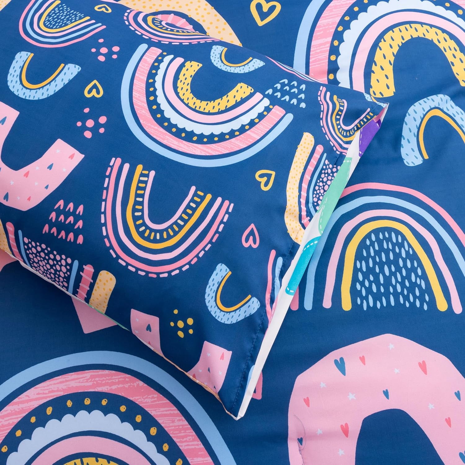 3 Piece Rainbow Comforter Set Cartoon Love Hearts Suns and Stars Bedding Set for Girls Boys Kids, Queen Dark Blue