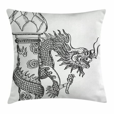 Dragon Throw Pillow Cushion Cover, Chinese Style Sacred Creature Statue Sketch Medieval Monster Fantasy Tattoo Image, Decorative Square Accent Pillow Case, 18 X 18 Inches, Black White, by