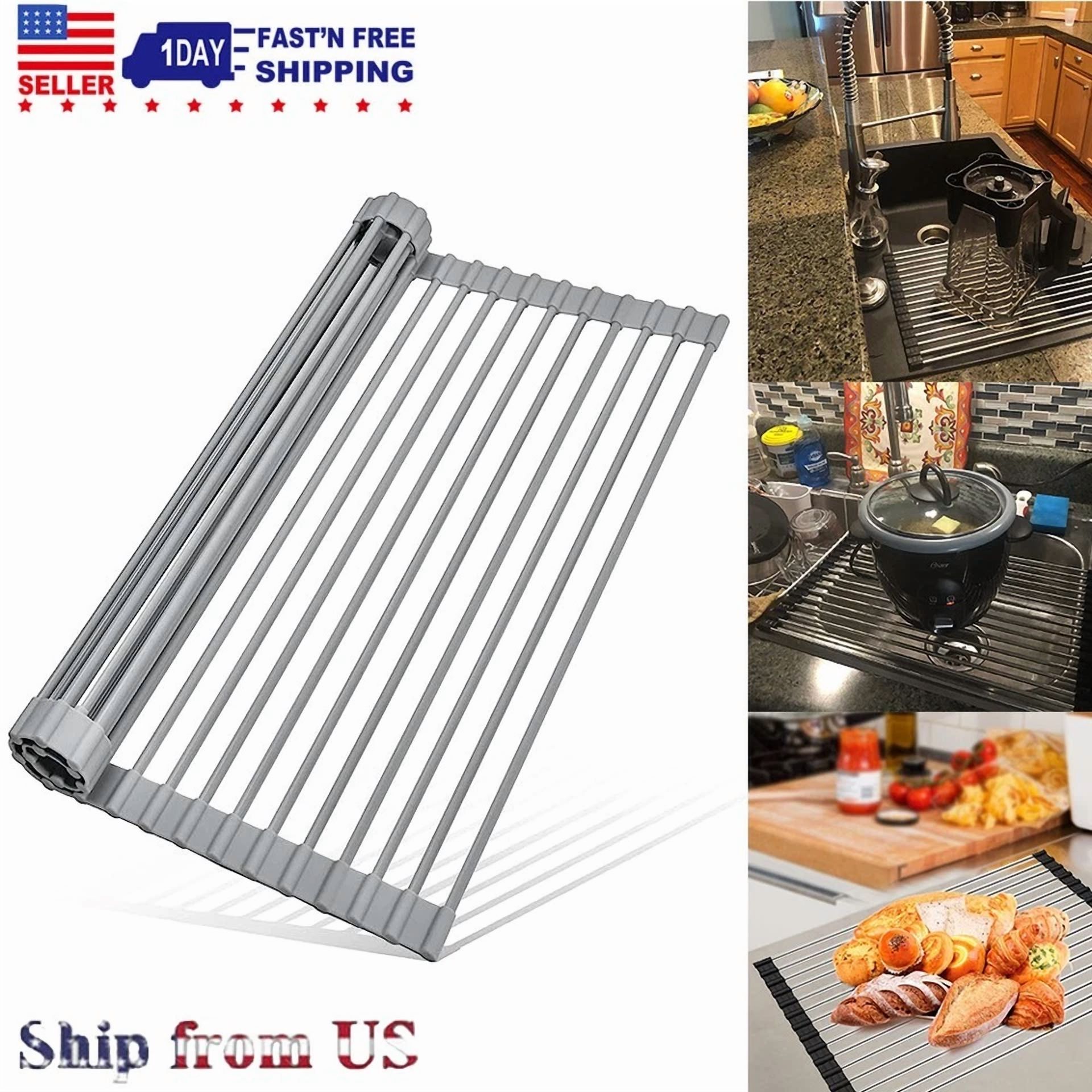 CRESTIN- Kitchen Over The Sink Drying Rack Dish Food Drainer Stainless Steel Roll Up Gray