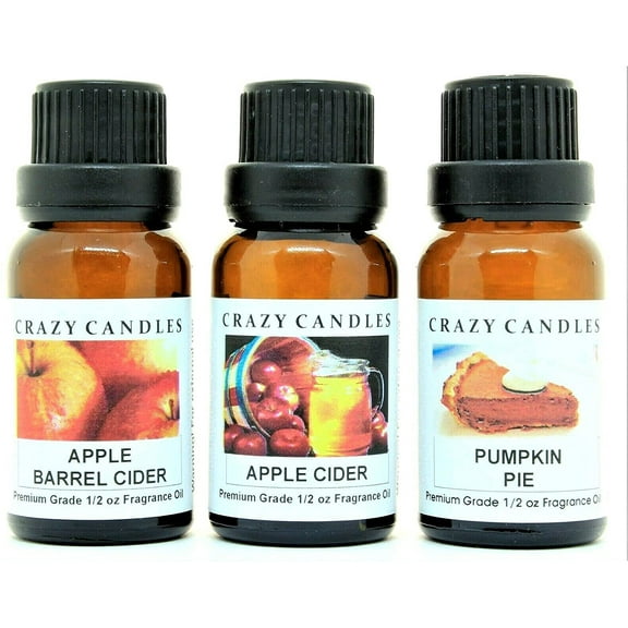 Crazy Candles 3 Bottles Set, 1 Apple Barrel Cider, 1 Apple Cider, 1 Pumpkin Pie 1/2 Fl Oz Each (15ml) Premium Grade Scented Fragrance Oils