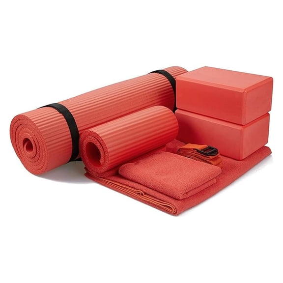 7-Piece Yoga Set with 71x24x0.5 Inches Extra Thick Mat and Carrying Sling Includes 2 Blocks, Stretch Strap, 2 Towels, and Knee Pad for Home, Studio, and Gym Workouts