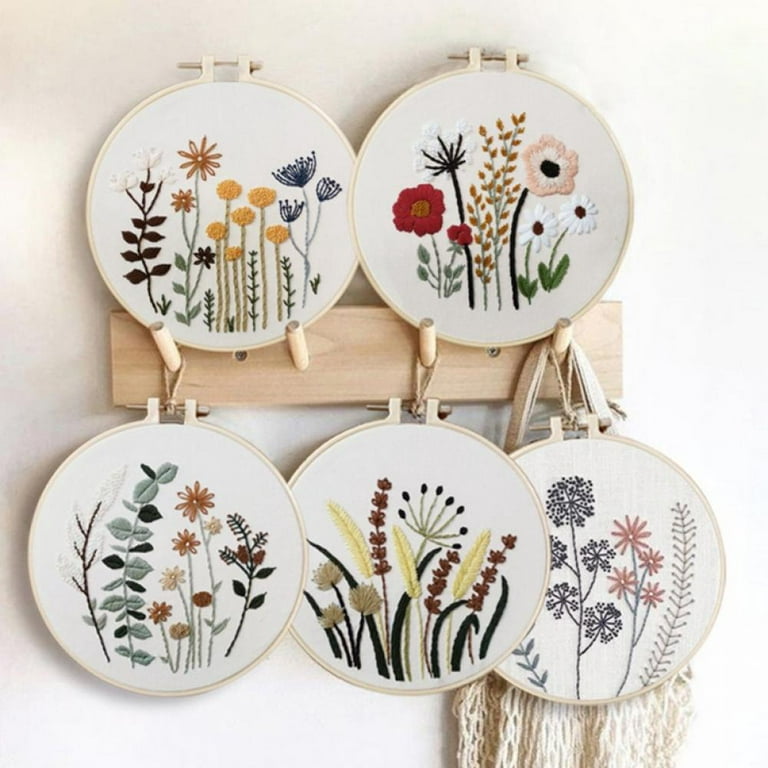 chfine Embroidery Starter Kit for Beginners, 3 Sets Cross Stitch Kits for Adults Include Stamped Embroidery Cloth with Floral Pattern, Hoop, Color