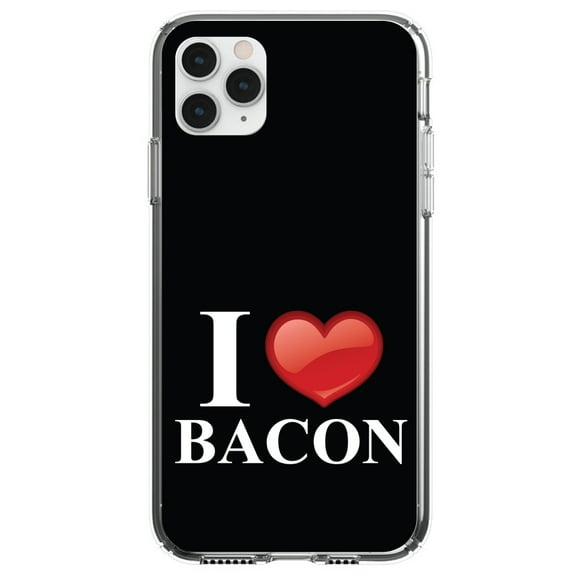 DistinctInk Clear Shockproof Hybrid Case for iPhone 11 (6.1" Screen) - TPU Bumper, Acrylic Back, Tempered Glass Screen Protector - Black White Red I Heart Bacon - Show Your Love of Bacon
