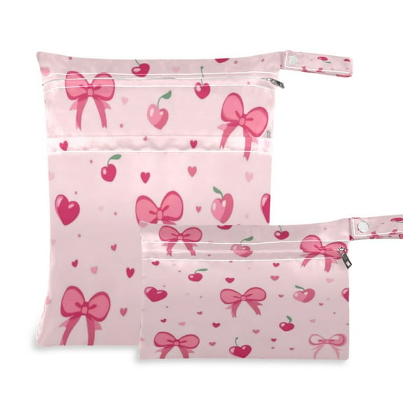 2 PCS Wet Dry Bags for Baby Cloth Diapers Reusable Waterproof Wet Bags for Stroller, Travel & Gym Bows and Hearts Pattern
