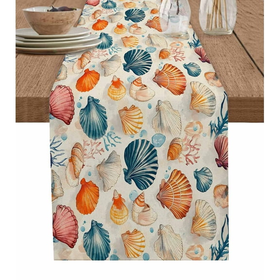 Table Runner Dresser Scarf 13 x 70 Inch Summer Beach Orange White Blue Seashell Vintage Coastal Table Runners Non-Slip Heat Kitchen Dining Table Decor for Indoor Outdoor Home Party Decoration