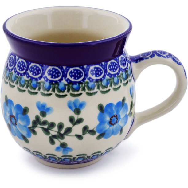 Polish Pottery Bubble Mug 12 oz Polmedia Blue Buttercup Theme Hand