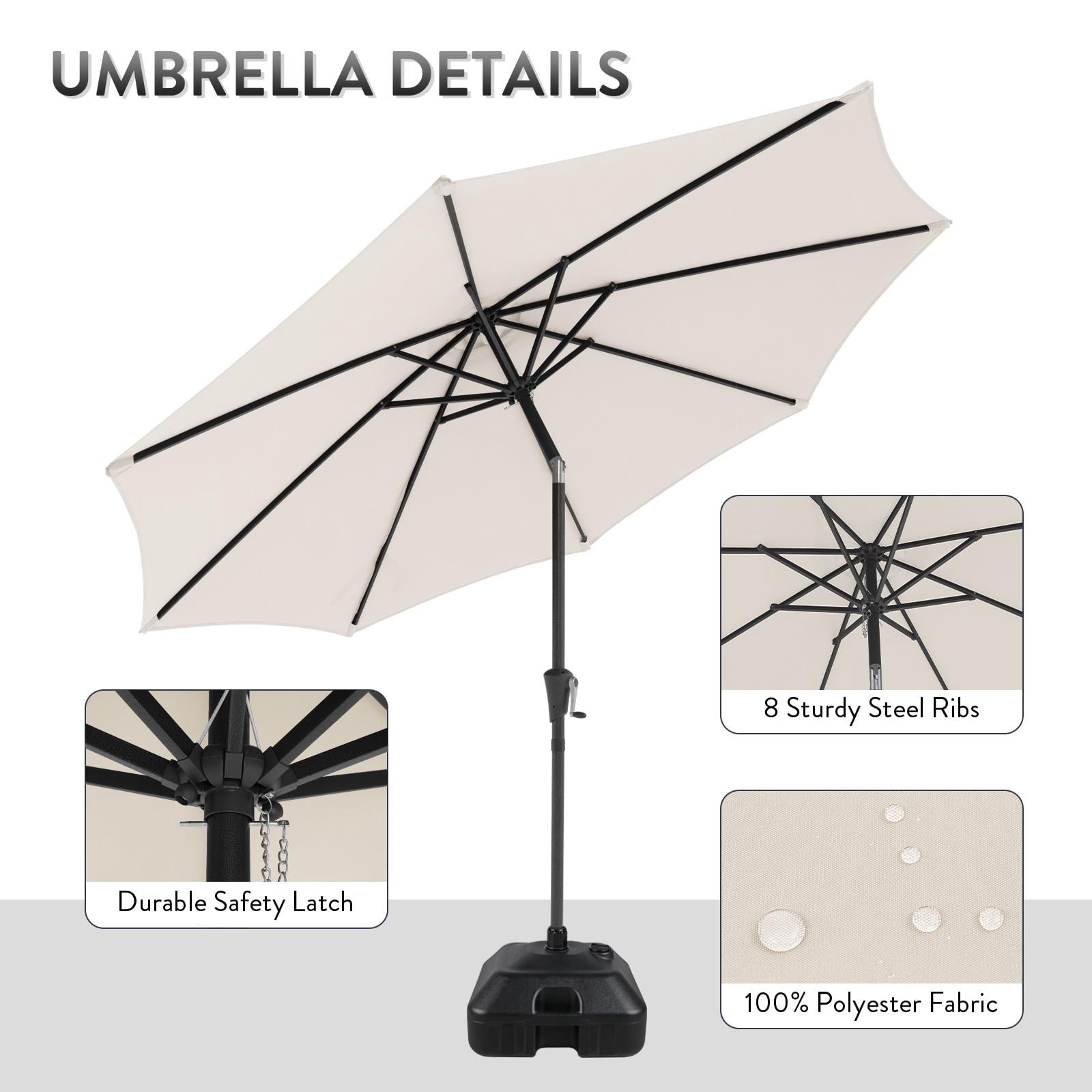 Patio Umbrella with Patio Market Umbrella Base, 9-Feet Outdoor Table Market Umbrella with Water/Sand Self-Filled Base, Push Button Tilt/Crank, 8 Ribs, Cream White