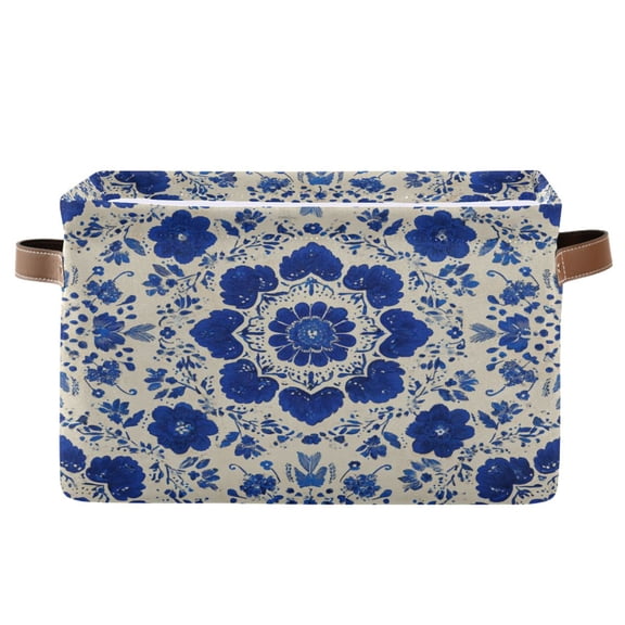 1-Pack Square Closet Organizers with Handles Open Basket Bins Blue and White Batik Pattern Storage Basket for Home Office