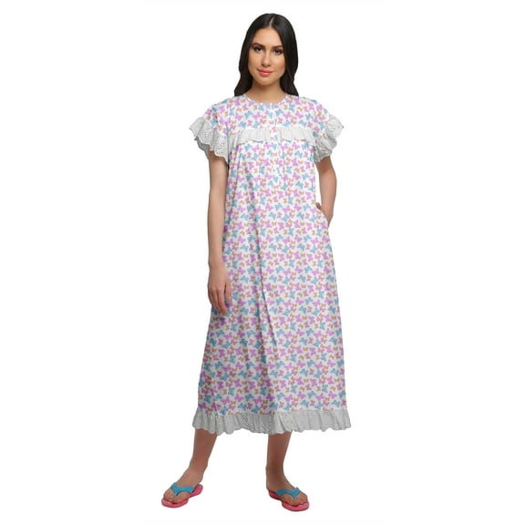 Moomaya WoMen's Lace Border Cotton Sleepwear Gown Button Placket Nightdress