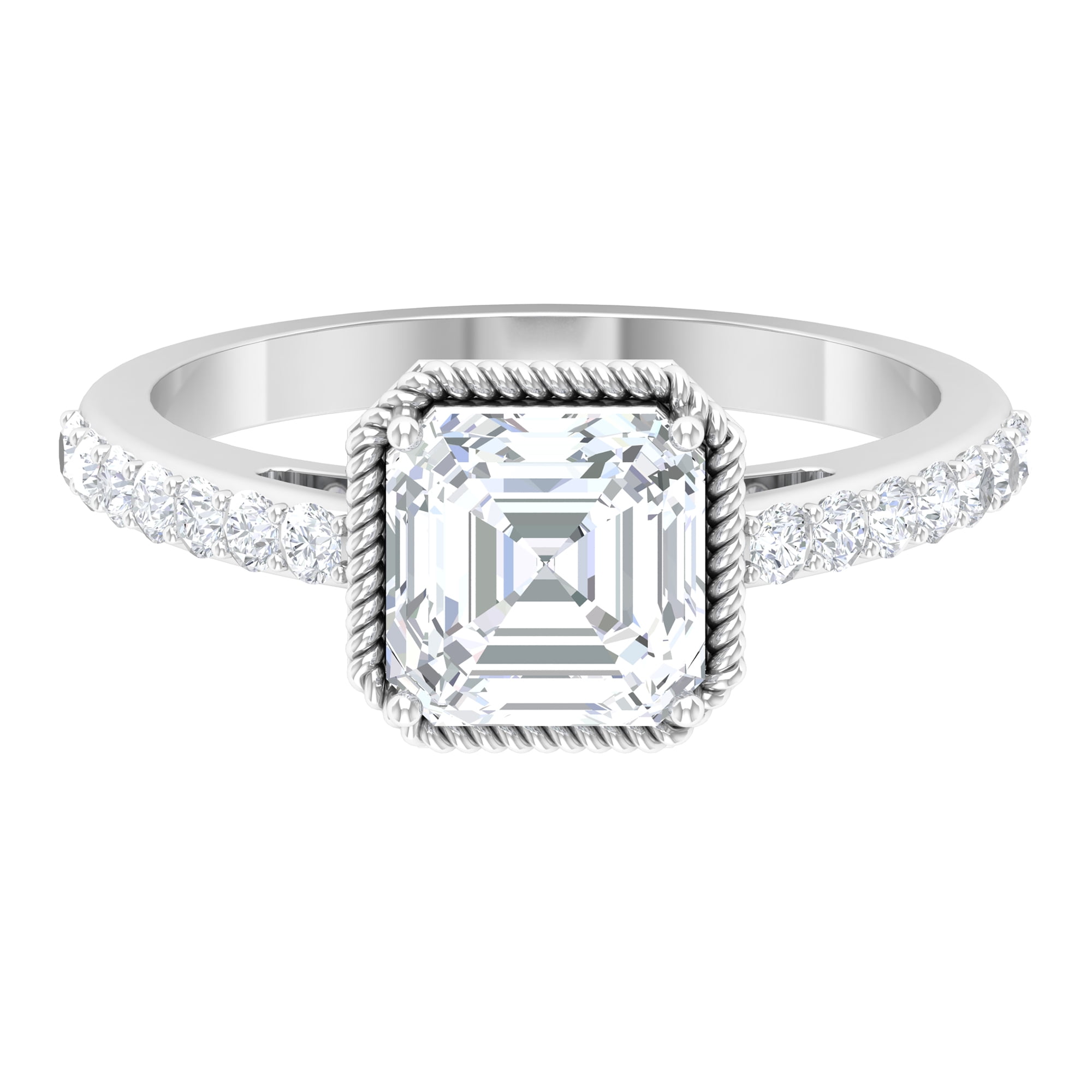 2ct Asscher Cut Sim Dia 3 Stone Engagement Ring 14K White Gold Finish 925 Silver
