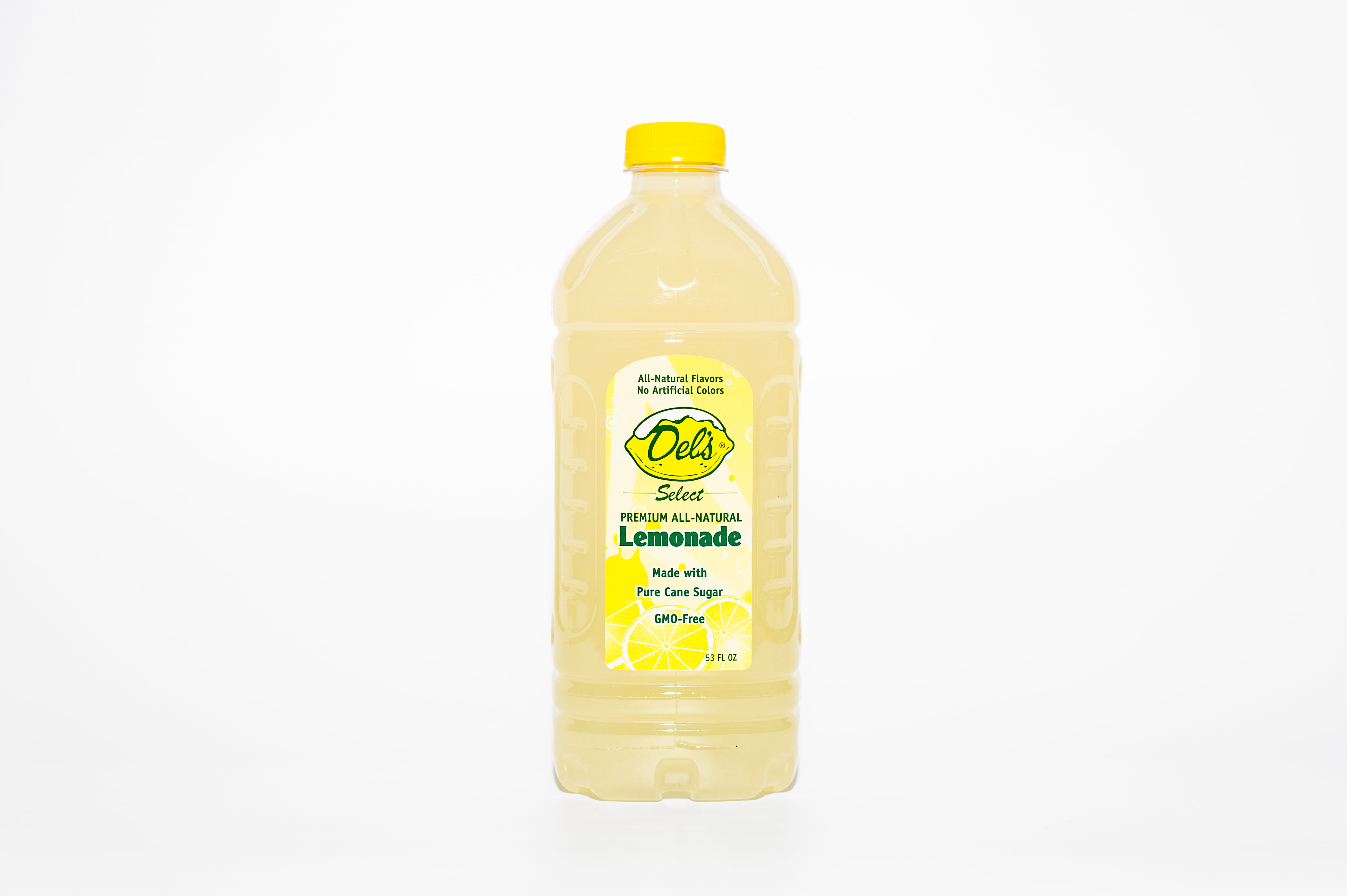 Del's Premium Lemon-ade 53oz.  Made with Pure Cane Sugar