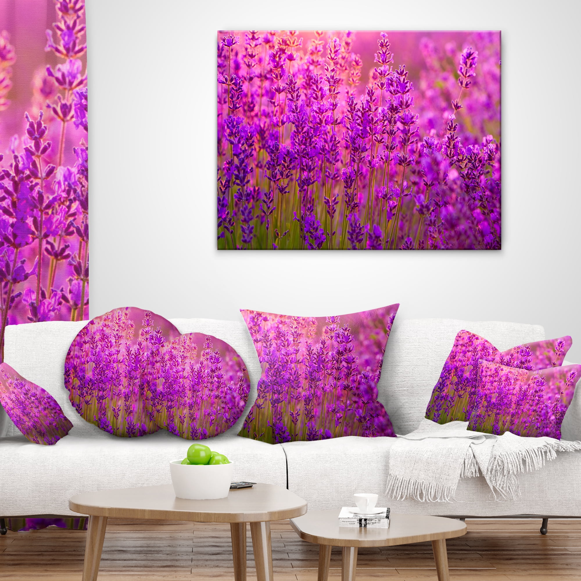 Designart Bright Purple Lavender Field Tihany - Floral Throw Pillow - 16x16