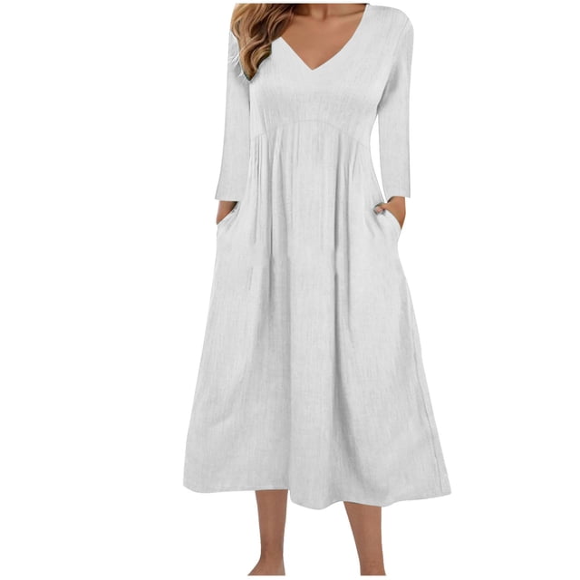 ameIAEA Casual Dress for Women Fall Long Sleeve V Neck Ruffle A-Line Dresses with Pockets