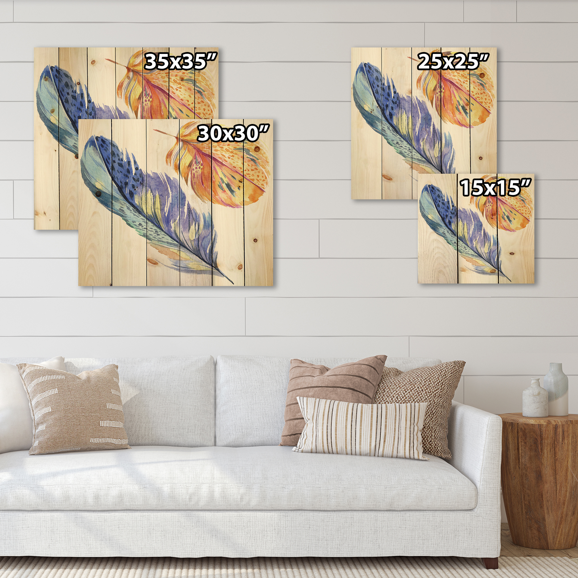 Designart 'Colorful Blue and Golden Bird Feather From Wing' Bohemian & Eclectic Print on Natural Pine Wood
